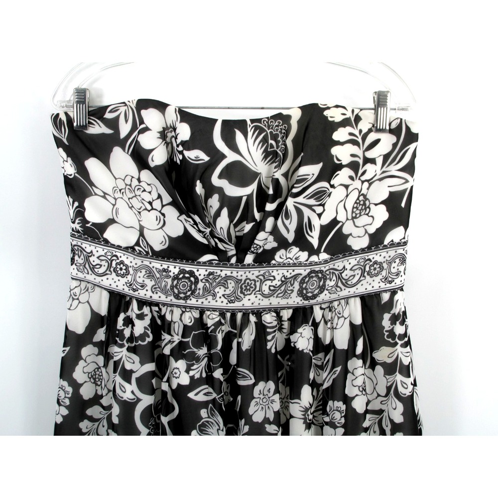 White House Black Market Midi Party Dress Women 12 Black White Floral Strapless - Picture 2 of 16